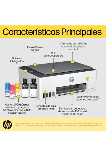 Impresora Multifuncional HP Smart Tank 580 Tinta Continua, Color, Wi-Fi, Smart App, Escaner